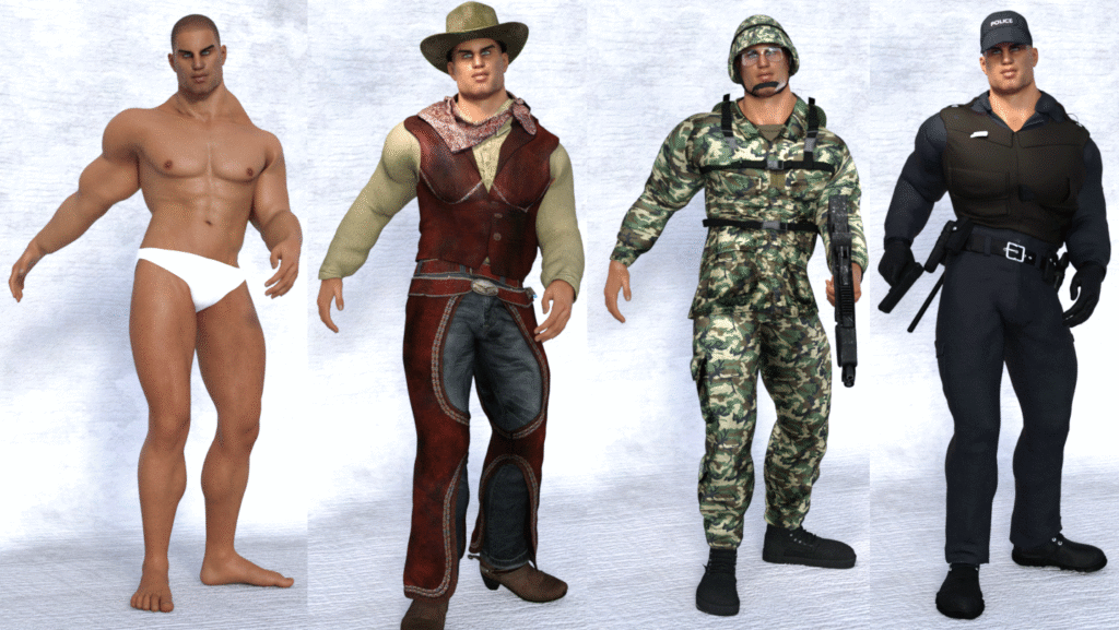 Four male character models displayed side by side: one in a white swimsuit, another in a cowboy outfit, the third in military camouflage with gear, and the last in a police uniform.