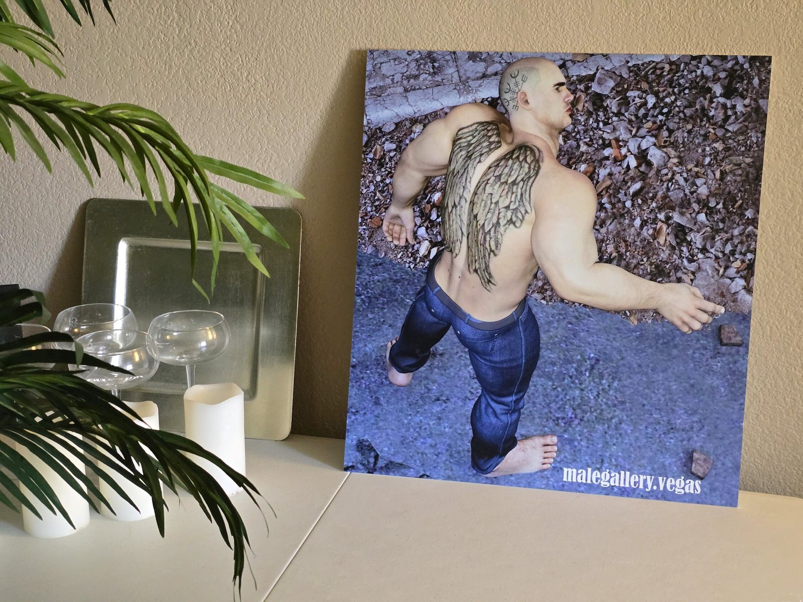 tattoo themed commercial art print shown in context placed on a table