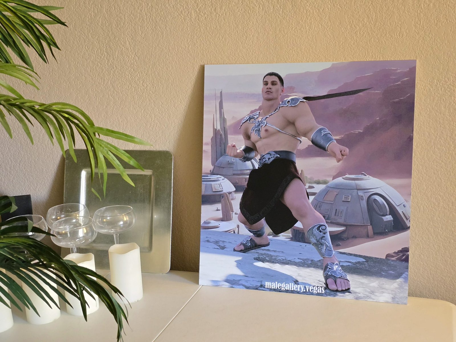 sci-fi cosplay commercial art print shown in context placed on a table against a wall