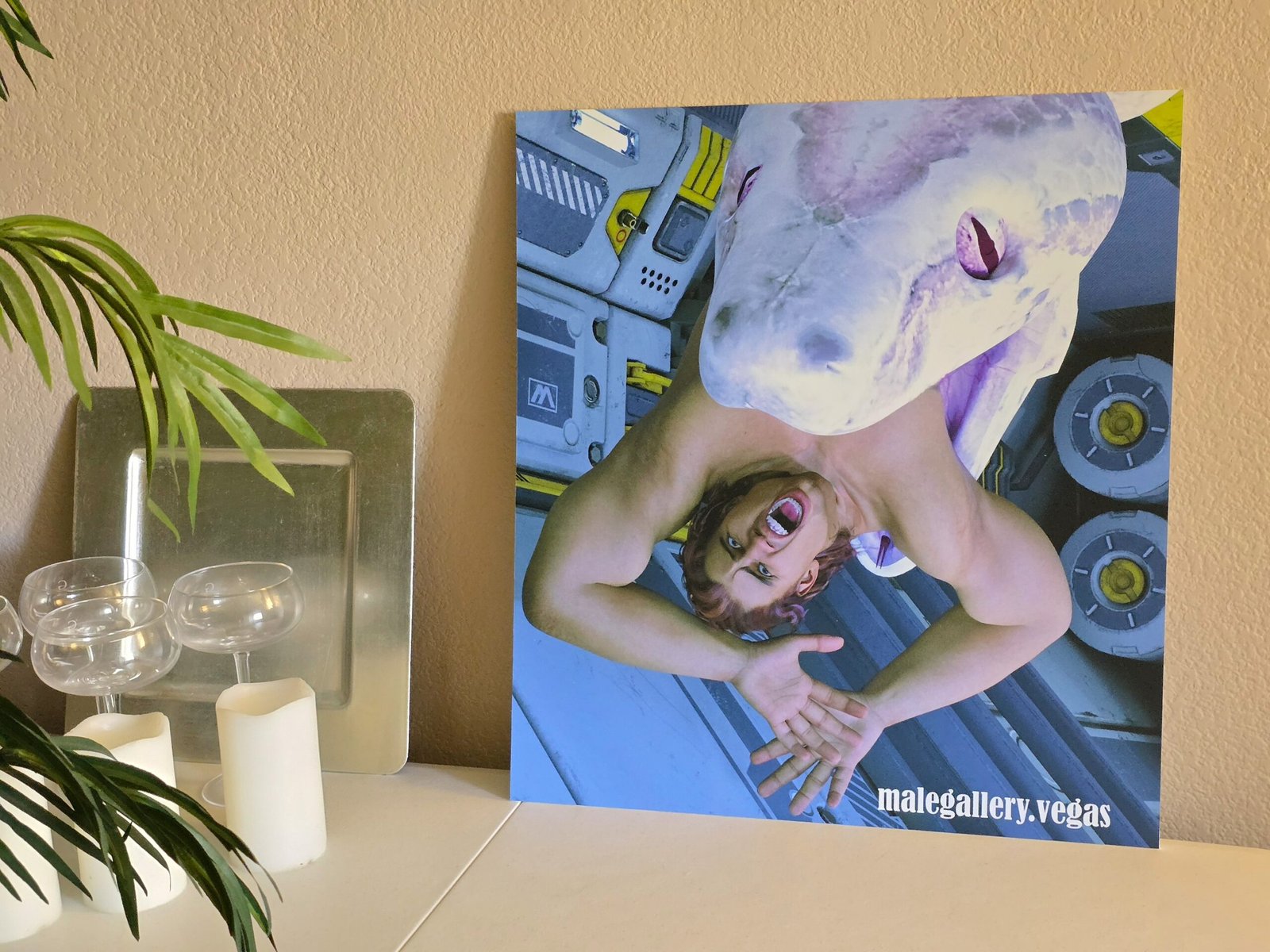 horror sci-fi original art print shown in context placed on a table against a wall