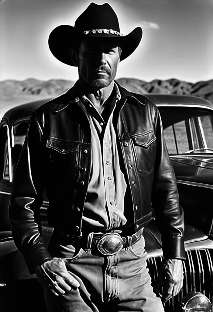 A man wearing a black cowboy hat and leather jacket stands in a desert landscape, next to an old car. The scene is in black and white, highlighting the rugged style of the cowboy attire and the mountain backdrop.
