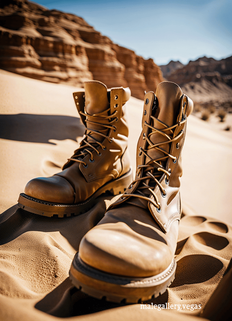 A pair of tan combat boots with laces, positioned on sandy terrain with desert rock formations in the background under natural lighting.