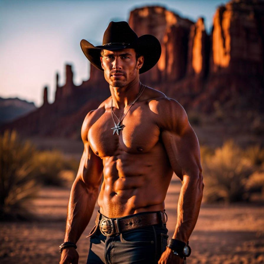 shirtless cowboy in the desert AI image